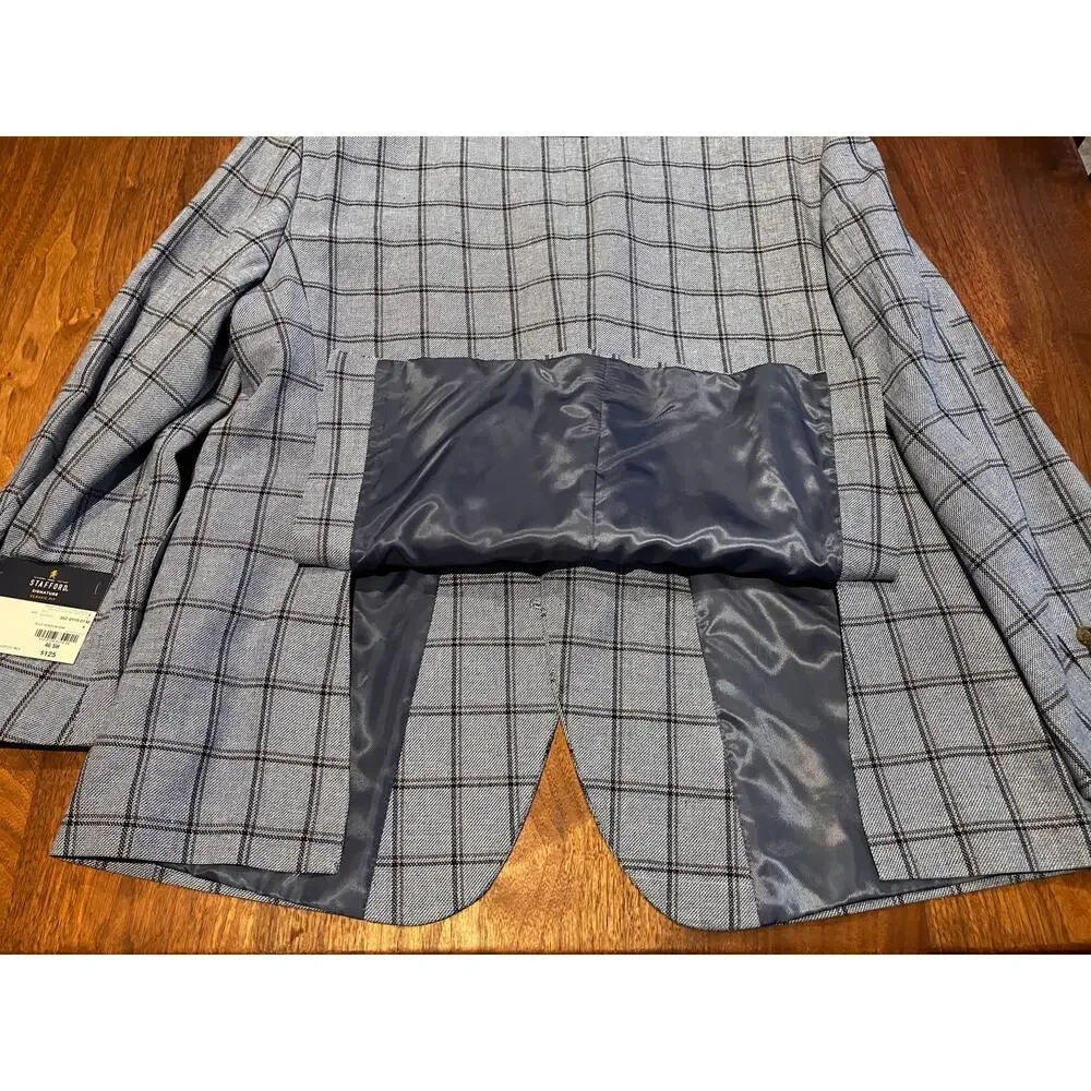 Stafford‎ Signature Mens Sport Coat 46 Short Blue Windowpane Linen Blend NWT